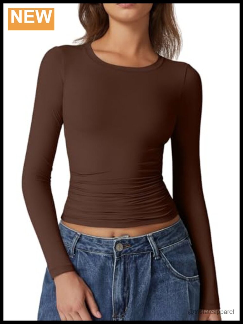 Crewneck Long Sleeve Double Lined Ruched Crop Top Fitted Tee